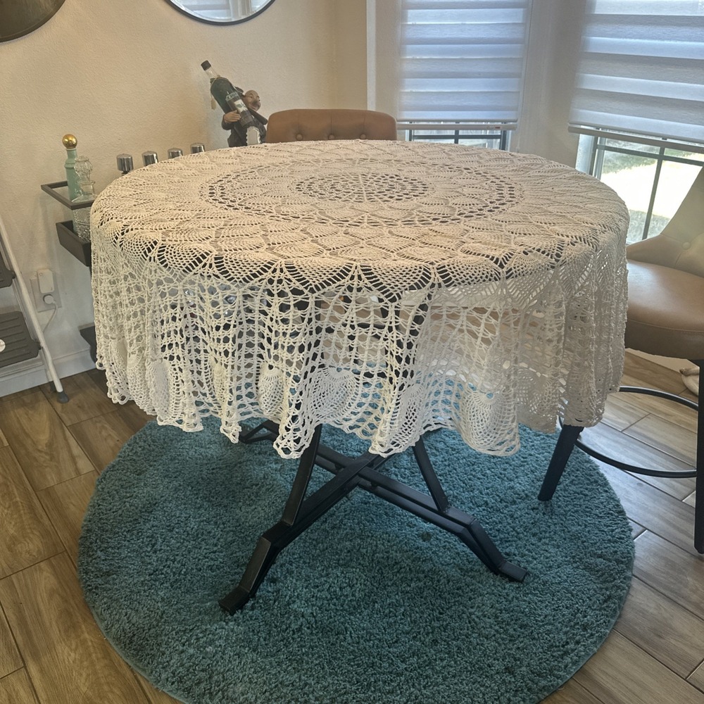 Vintage Hand Crocheted Round Lace Tablecloth 72" White Peacock Cottage Heirloom